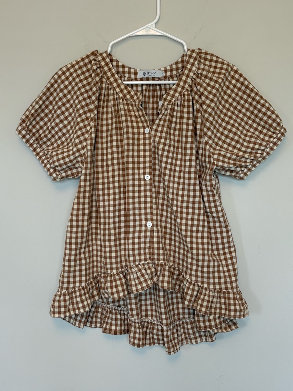 Brown White Gingham Check Button Front Peplum Blouse Top Size M
